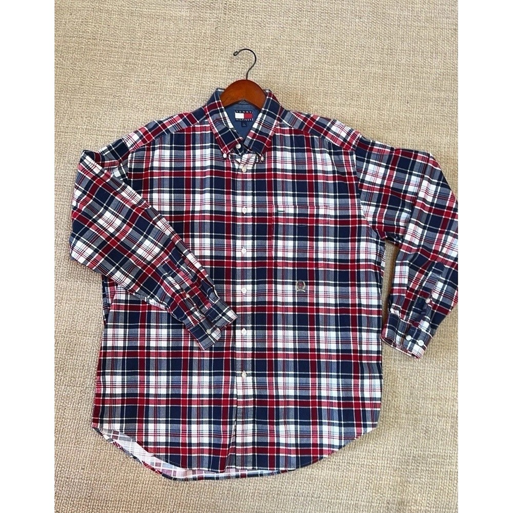Tommy Hilfiger Shirt Mens Large Plaid Red Blue Corduroy Western Cowboy